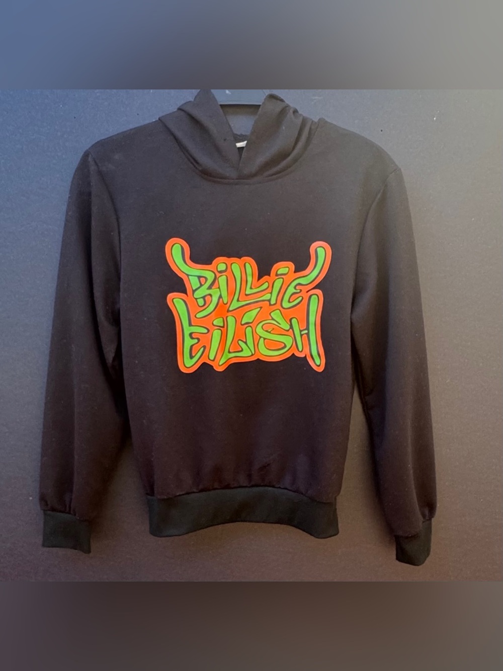 Billie Eilish Black Graphic Hoodie - Neon yellow, orange and green logo name. S